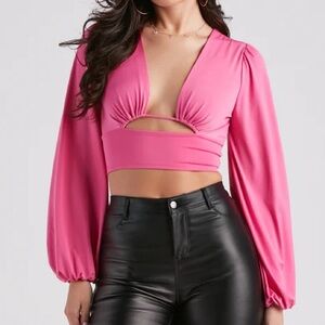 WINDSOR Hot Pink Blown Away Plunge Tie-Back Crop Top